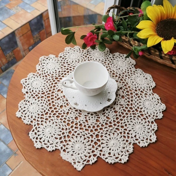 纯手工纯棉线钩花餐垫 森系田园纯棉装饰圆垫桌垫米/白色35-40cm