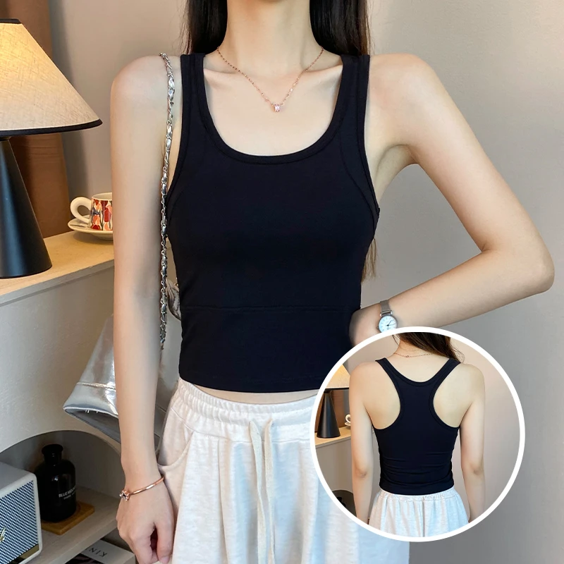 黑色莫代尔U领拼接吊带背心女夏季内搭美背修身打底外穿显瘦上衣