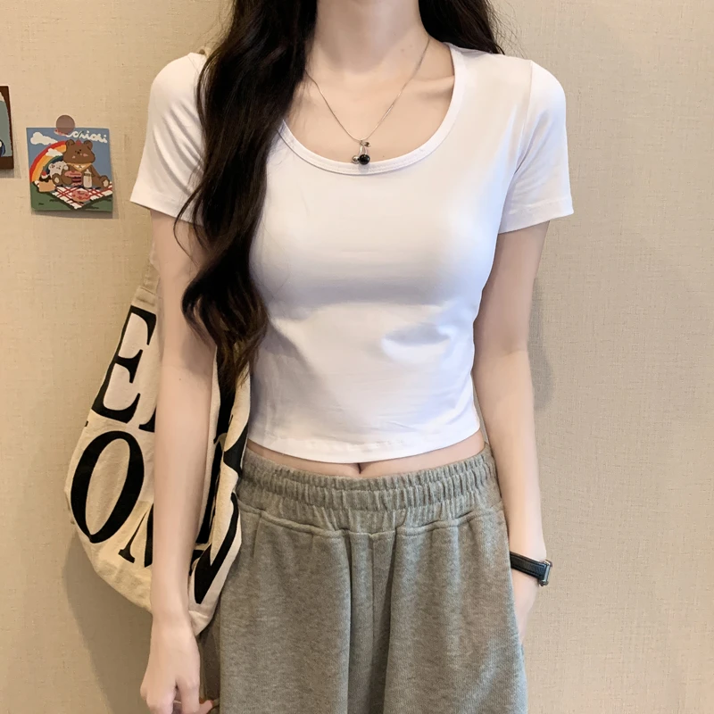 白色短款t恤女夏季U领短袖高腰紧身露脐上衣小个子半袖体恤ins潮