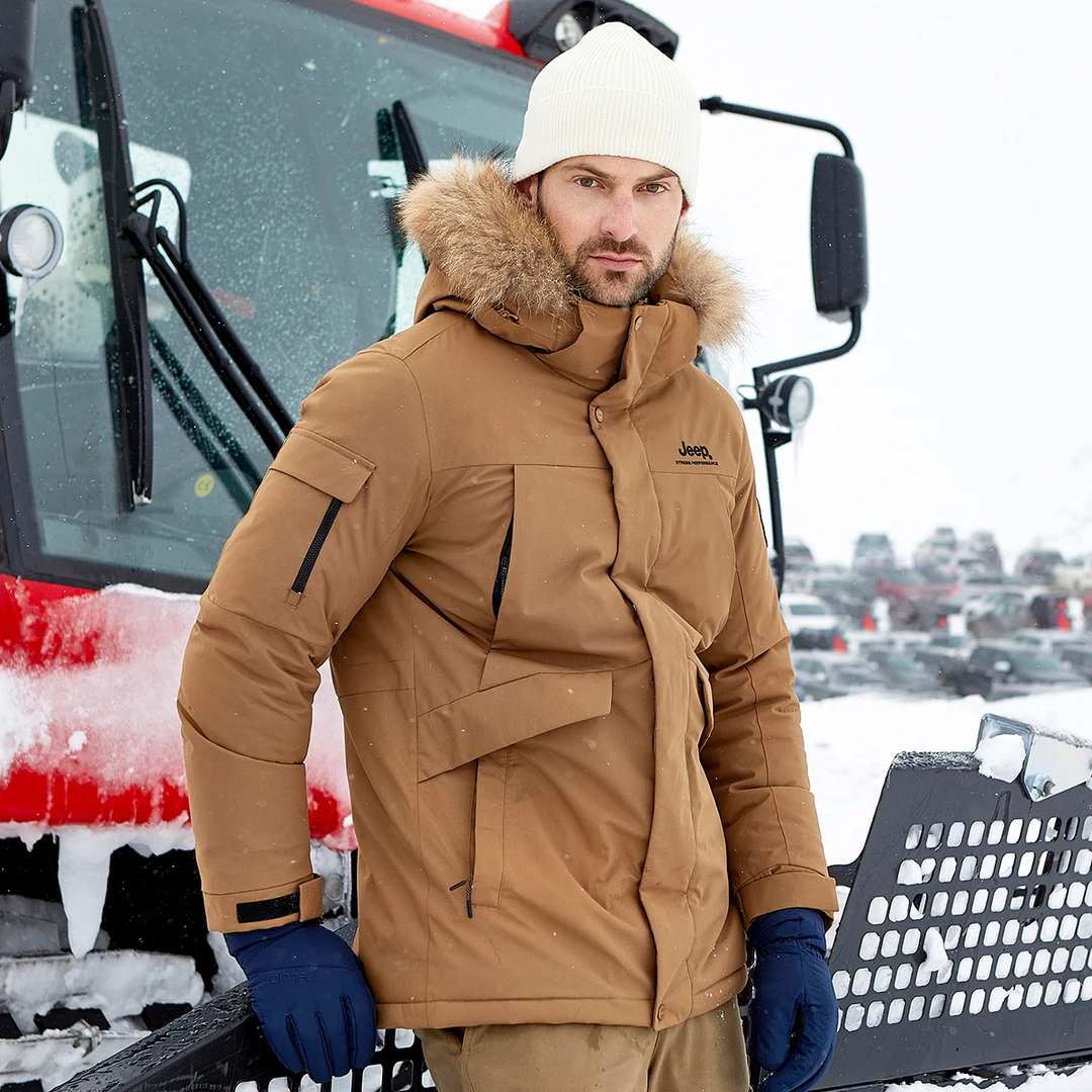 JEEP/吉普户外中长款羽绒服男士秋冬加厚连帽防水防油污滑雪服