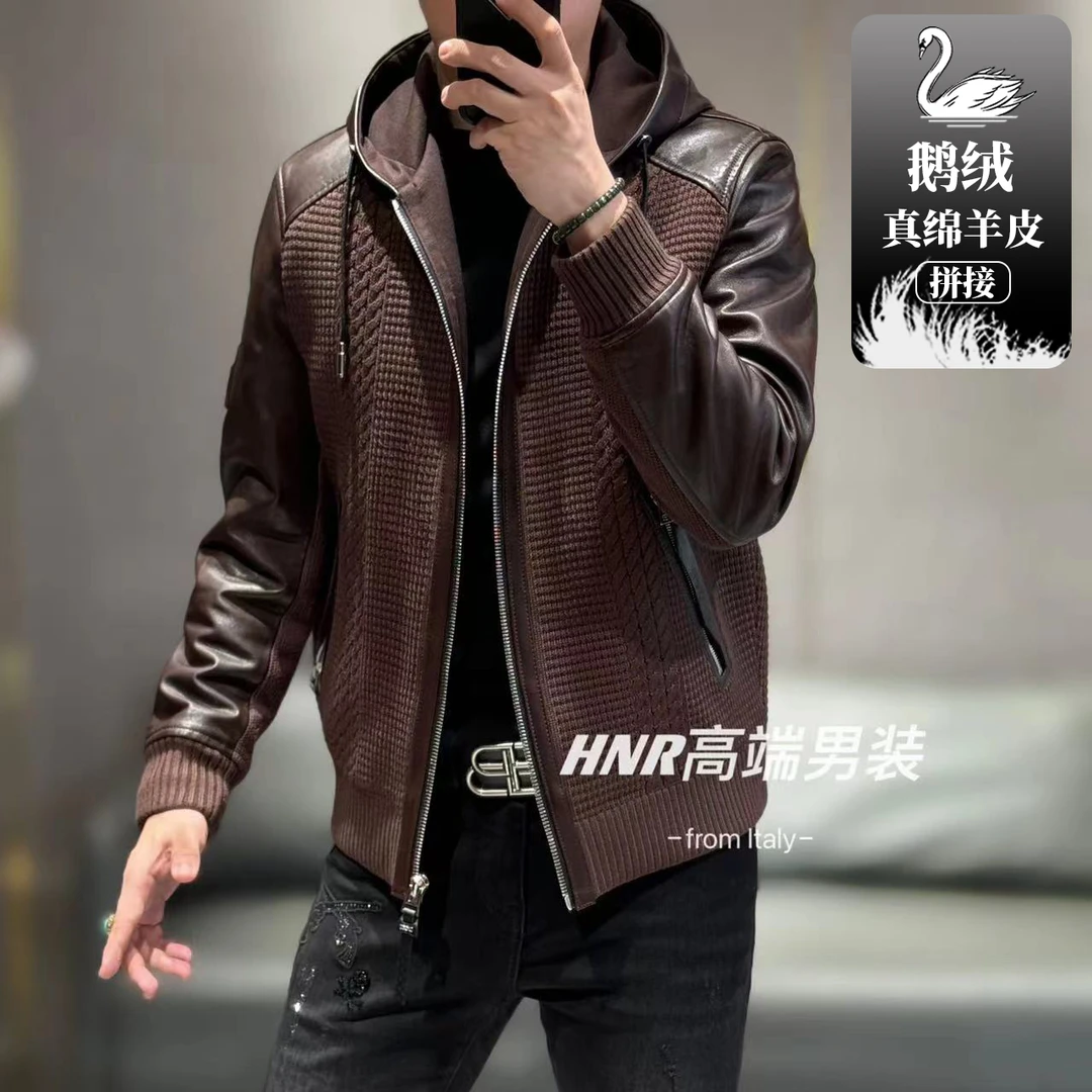 鹅绒真绵羊皮拼接针织外套新款高端男士时尚百搭羽绒服25810