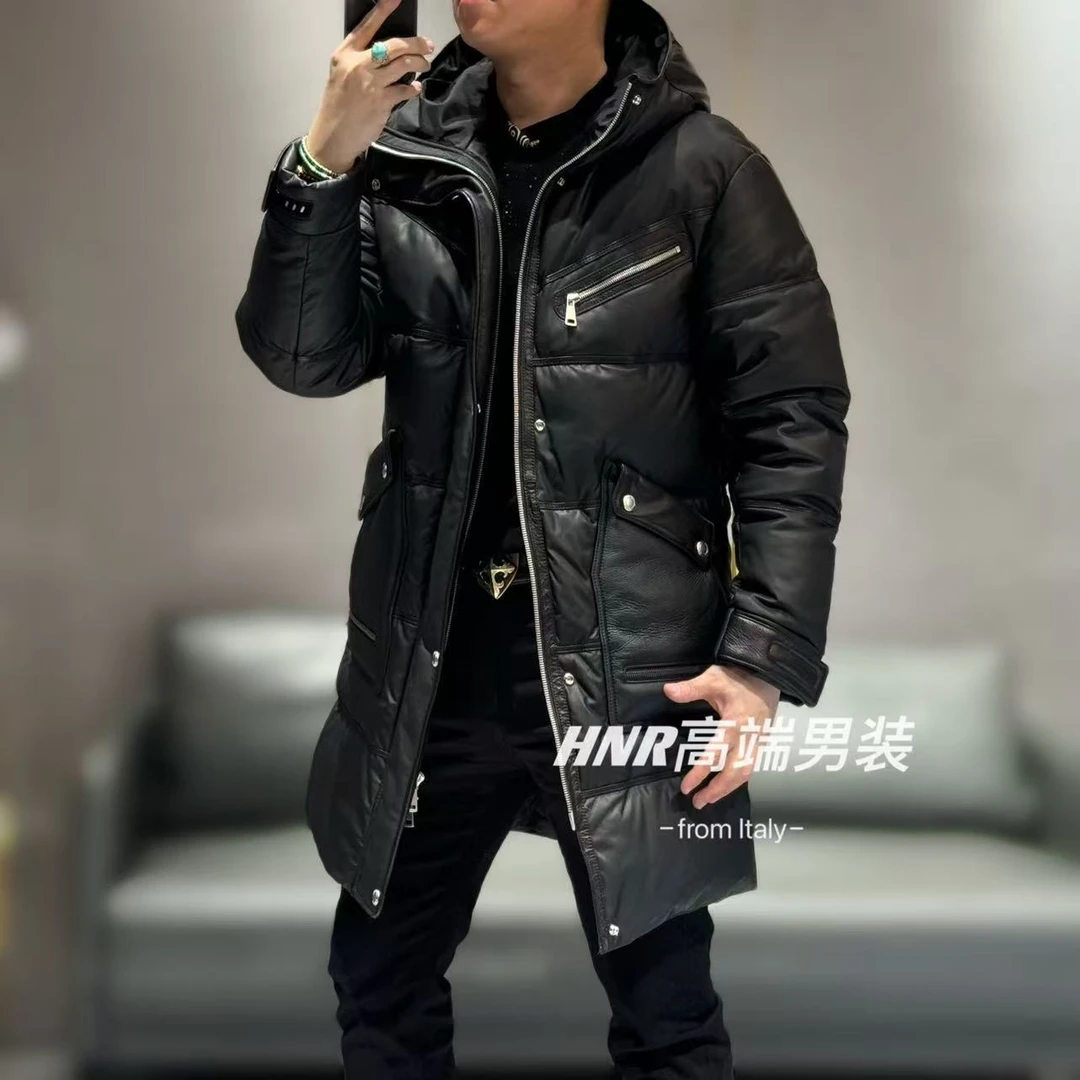 【全绵羊皮】设计款纯色男士时尚休闲连帽保暖长款羽绒大衣8802