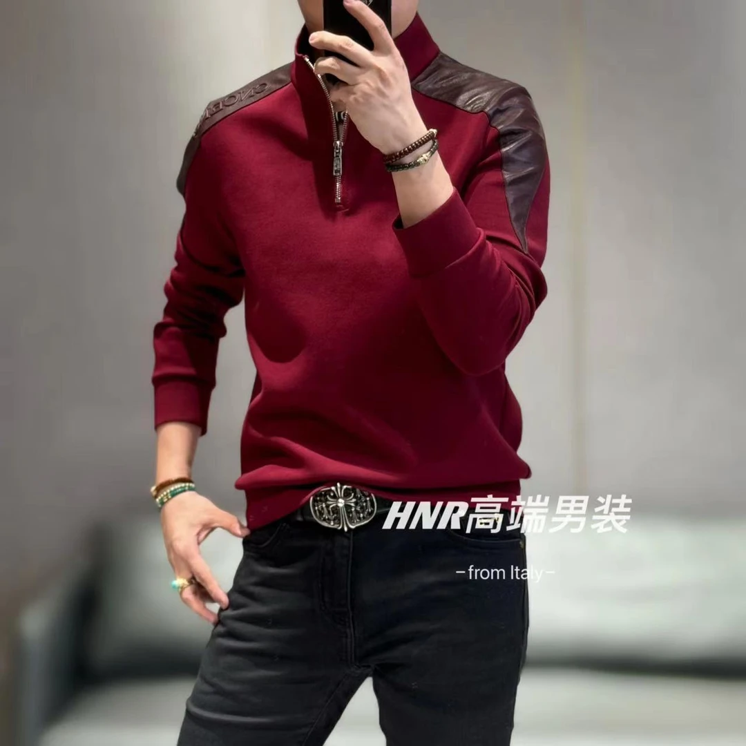 绵羊皮拼接新款休闲时尚百搭男士加绒卫衣5865