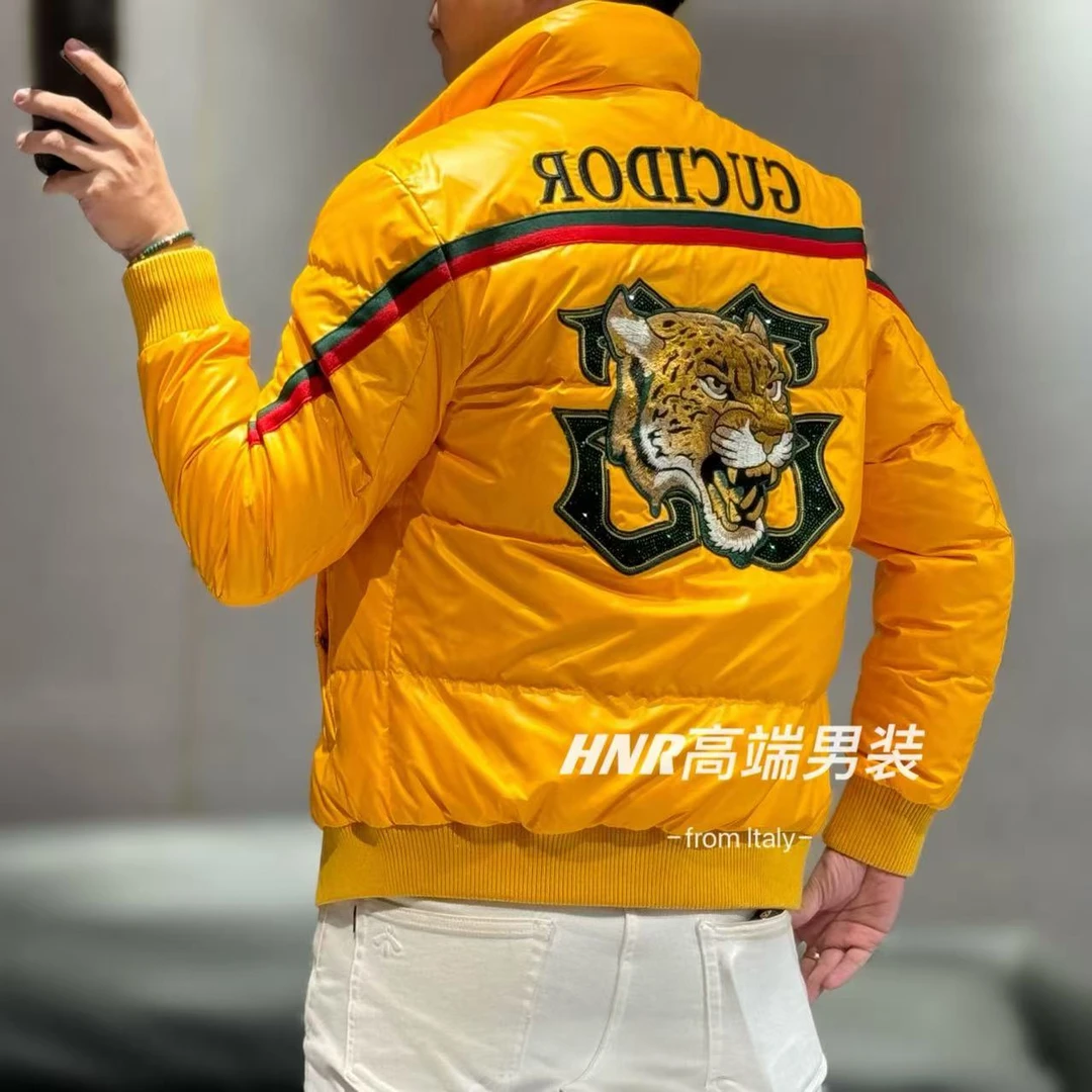 撞色条纹字母老虎图案新款潮流高端男士时尚休闲羽绒服7101
