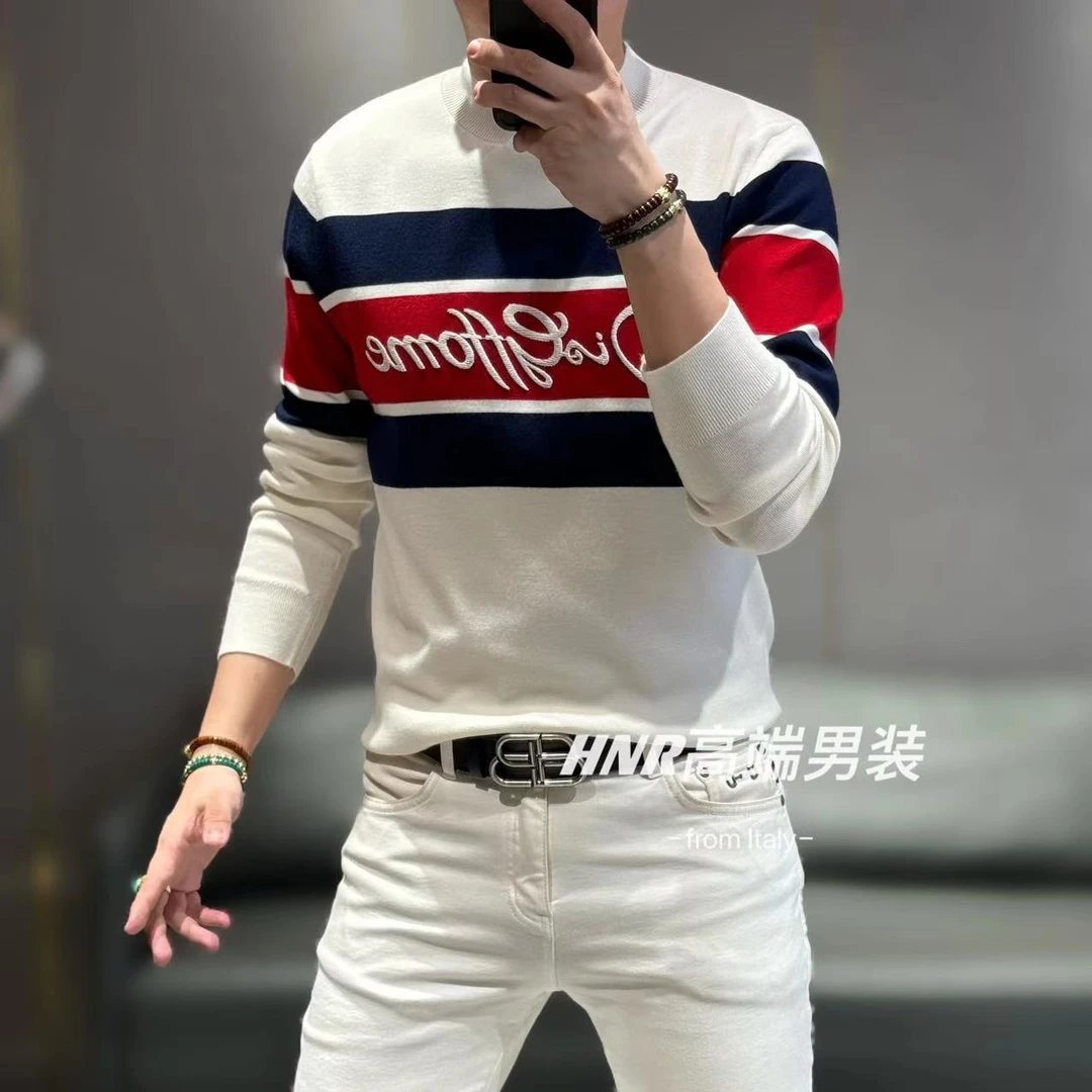 条纹撞色胸前字母设计潮流新款高端男士休闲百搭针织羊毛衫5650