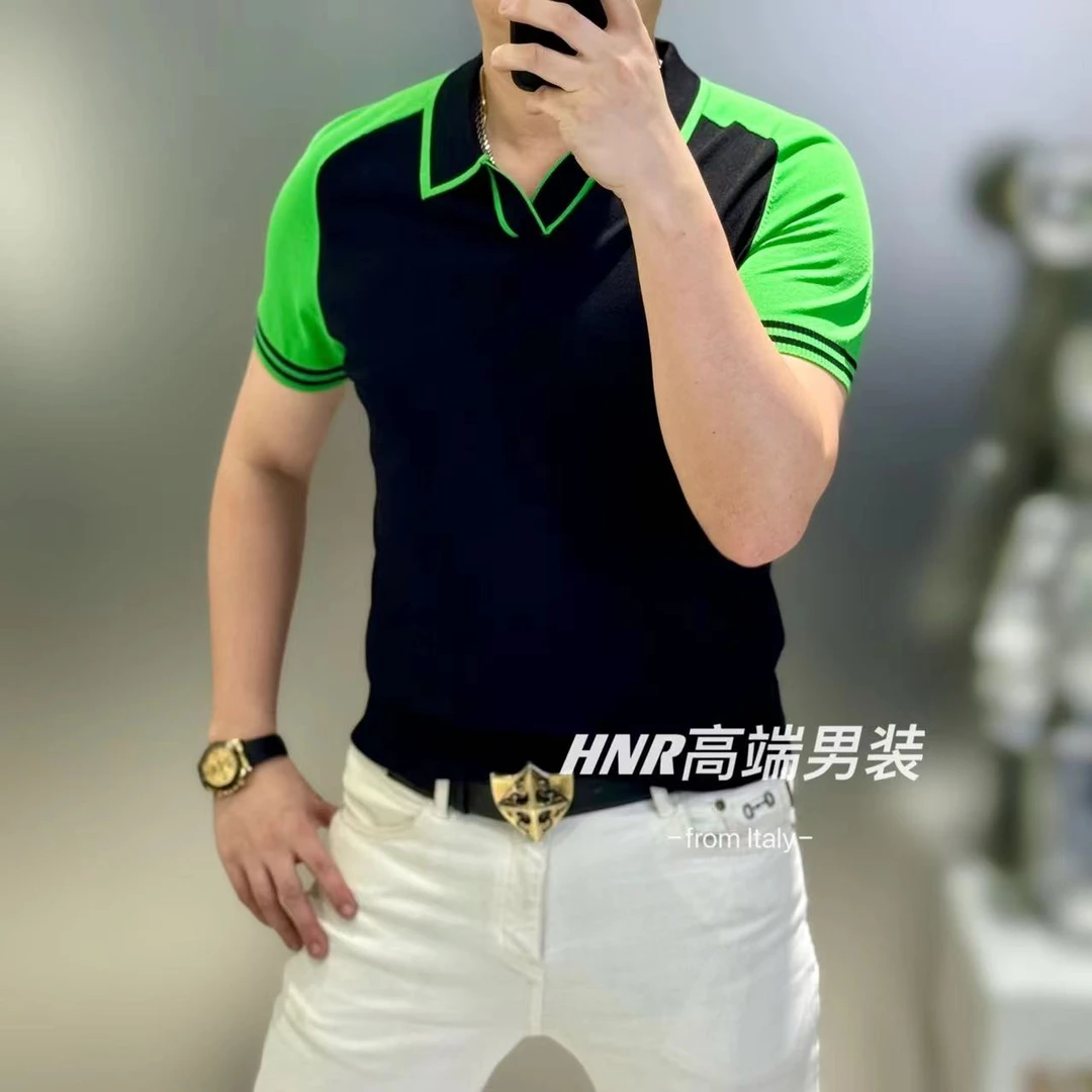 袖子撞色拼接针织短袖新款男士休闲百搭时尚高品质POLO衫B21