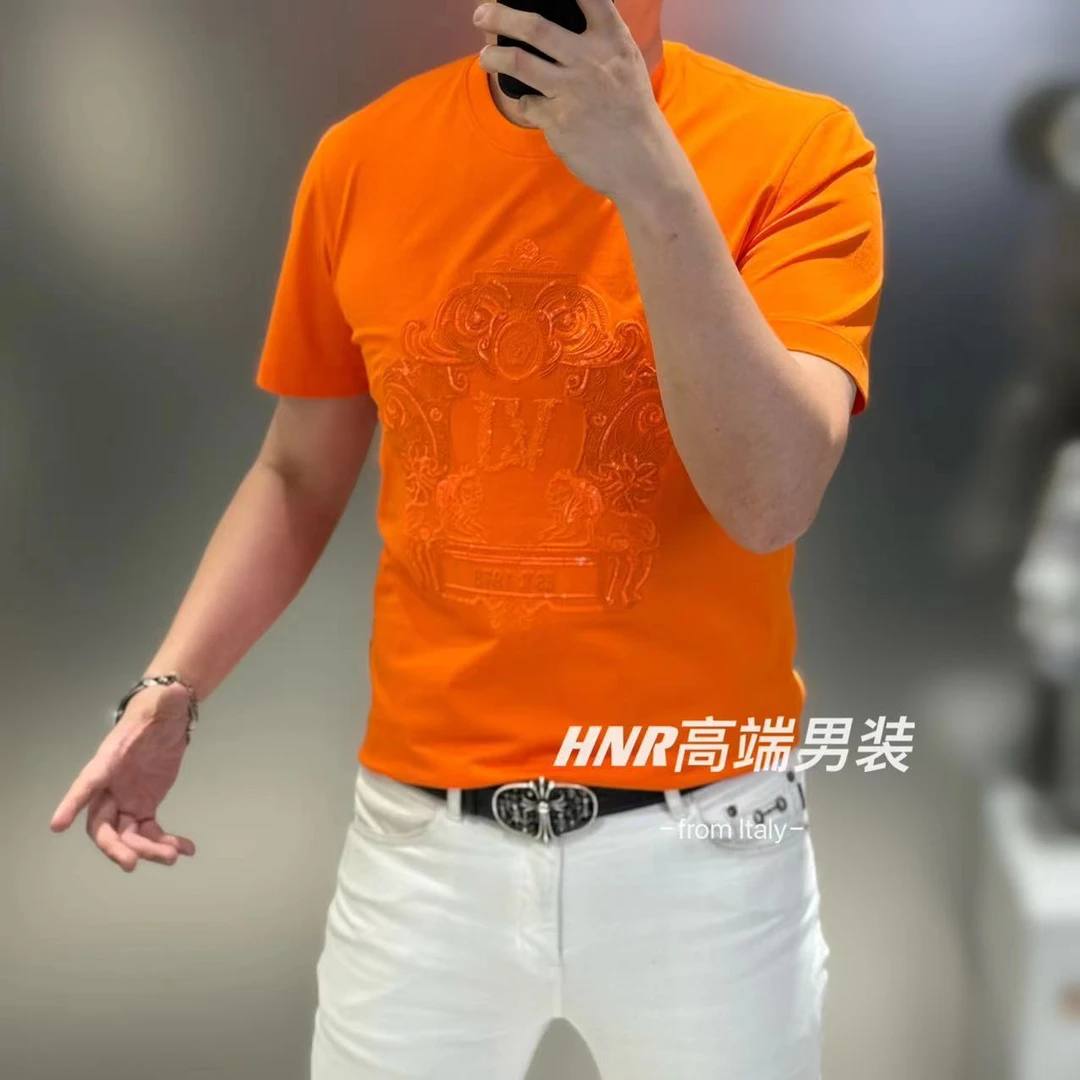 立体提花图案圆领2024年新款高品质潮流休闲百搭夏季男款T恤7610