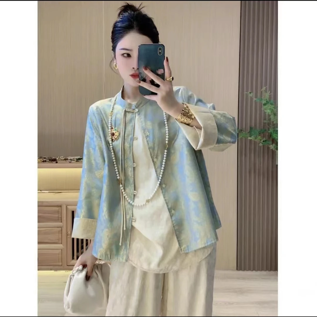 双面双穿新中式提花立领禅意外套-带排扣款