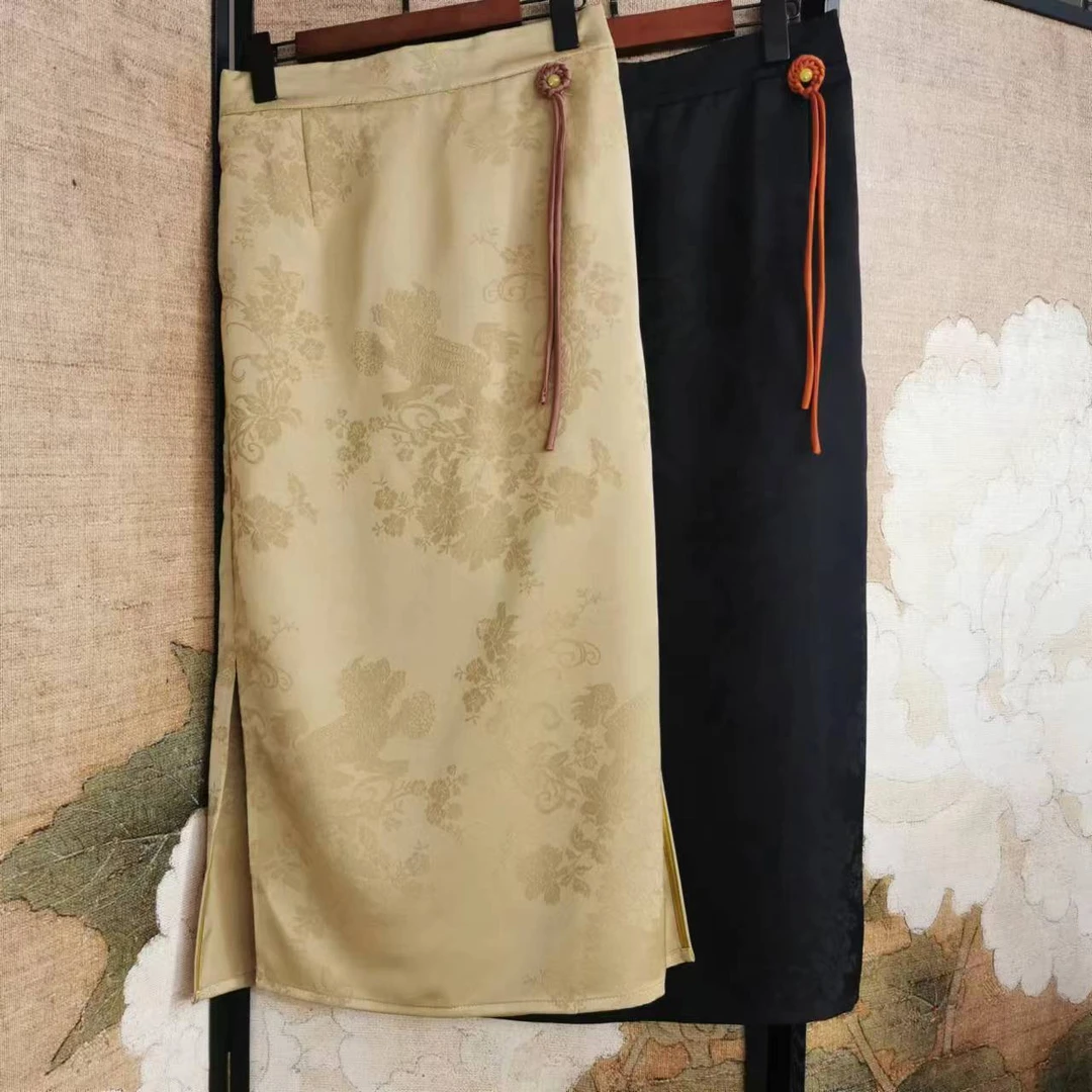 盘花-双侧开衩流苏直筒半身裙