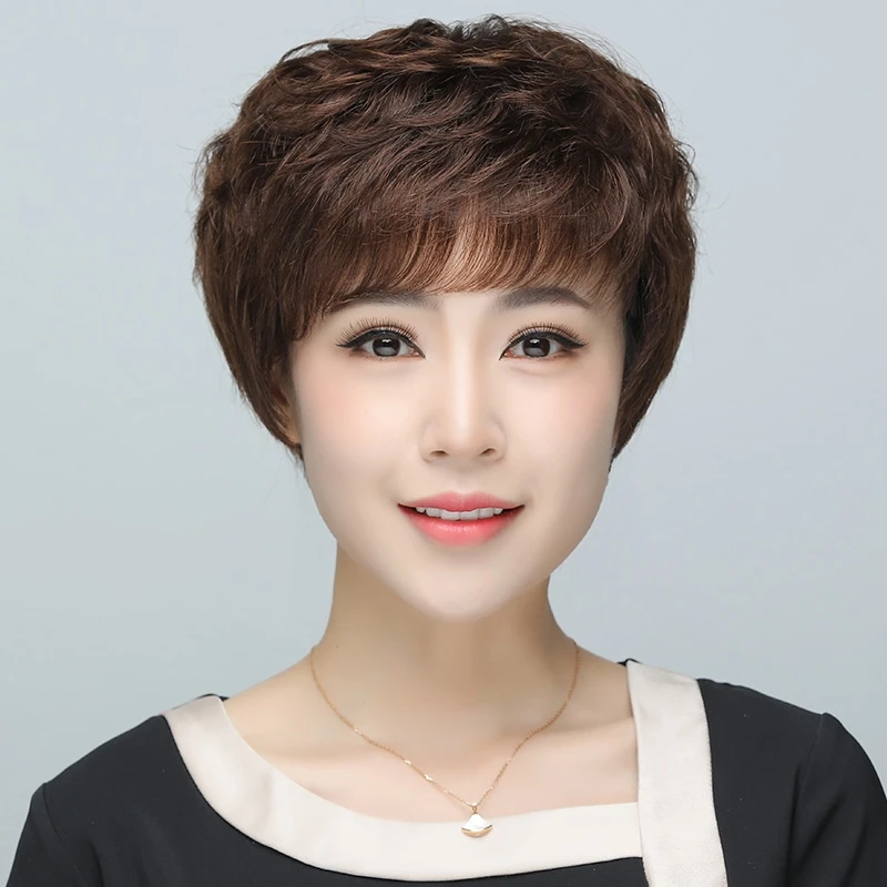 假发女短卷发中老年妈妈假发遮白发全真发真人发丝全头套纹理时尚