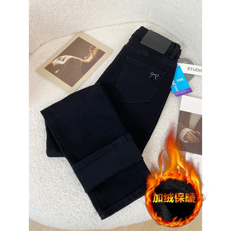 2025秋冬新款黑色加绒加厚牛仔裤女爆款小个子窄版直筒烟管裤子女