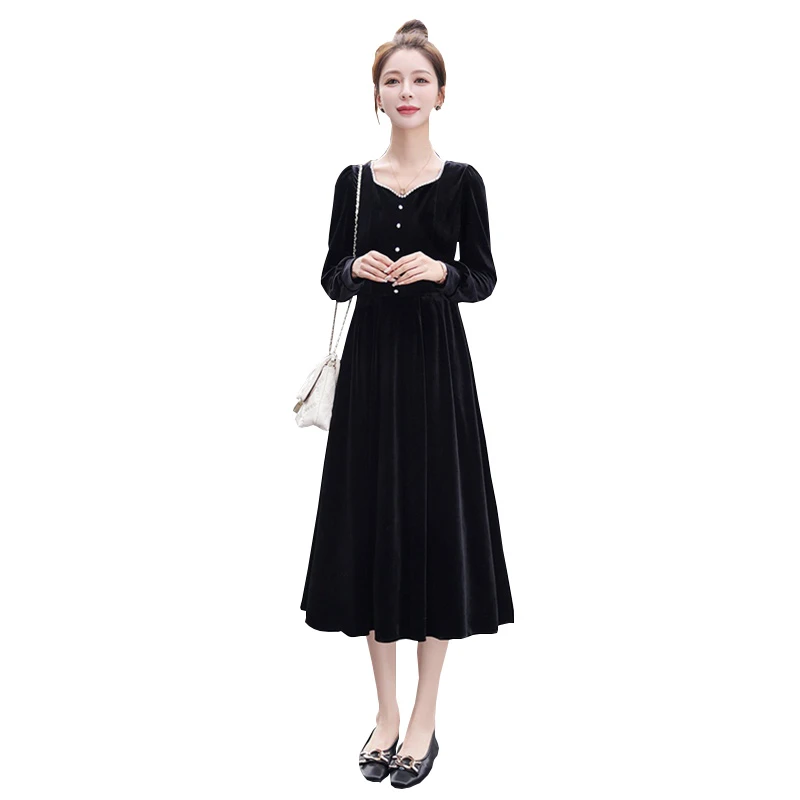 丝柏舍2025秋季新款女复古方领钉珠收腰显瘦优雅连衣裙S33Q4223L