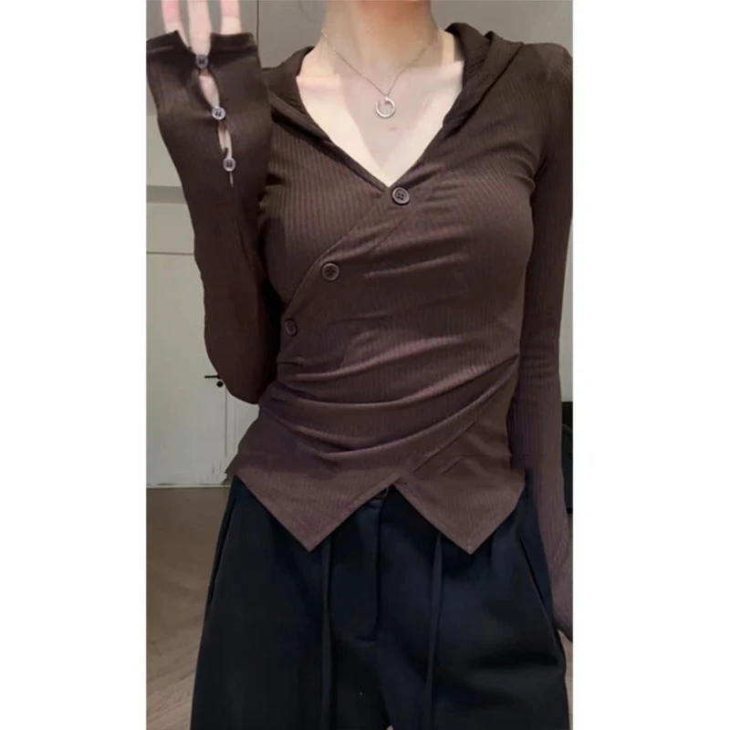 【SIYA】不规则交叉褶皱收腰打底衫女纯欲修身显瘦长袖连帽上衣