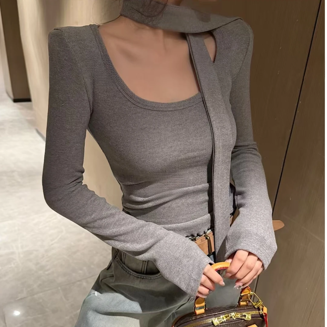 【SIYA】简约高级感U型领长袖T恤百搭打底衫秋冬季修身显瘦上衣