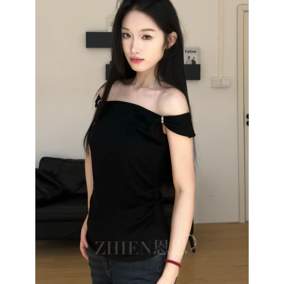 妙前【知恩】一衣三穿辣妹一字肩金属环设计短袖上衣夏季显瘦百搭
