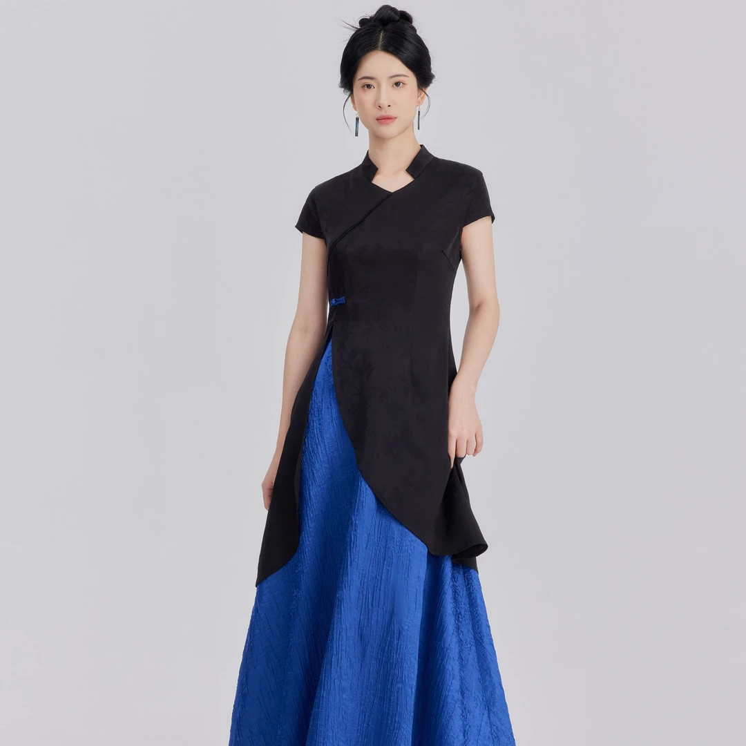 织造司国风[君君木兰]汉服新中式假两件撞色短袖连衣裙女设计裙子