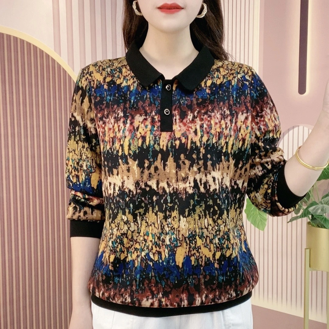 2023秋季新款长袖T恤女士翻领印花洋气显瘦打底衫气质百搭小衫