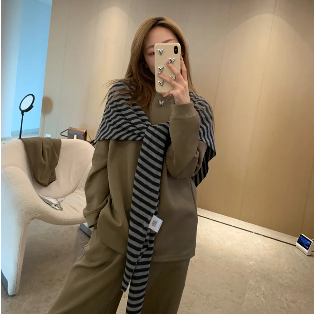 现货现货【橄榄绿】休闲显白显瘦宽松弹力大慵懒百搭纯色套装