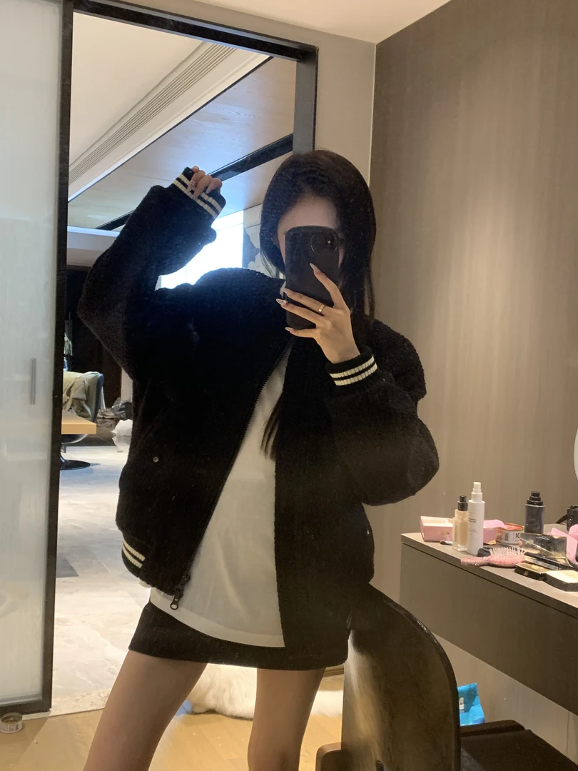 崔星星【黑色羊毛外套】高街宽松经典重磅复古休闲飞行员外套