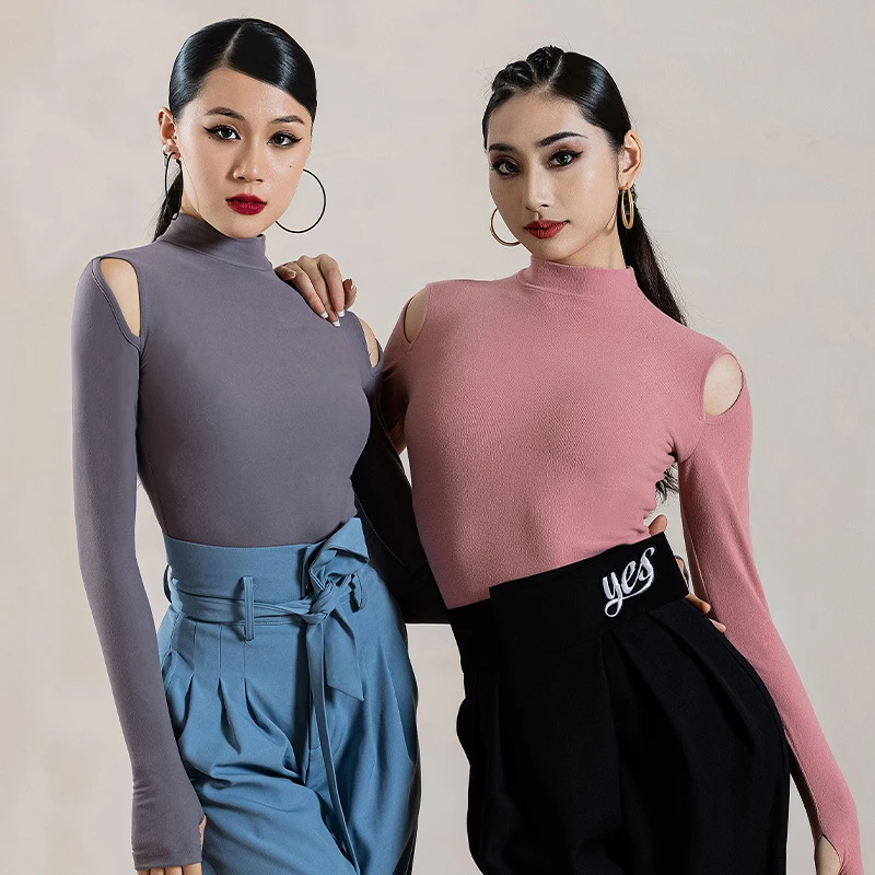 【专属】拉丁舞服舞衣新款成人女长袖练功服小圆领肩开口上衣YD177