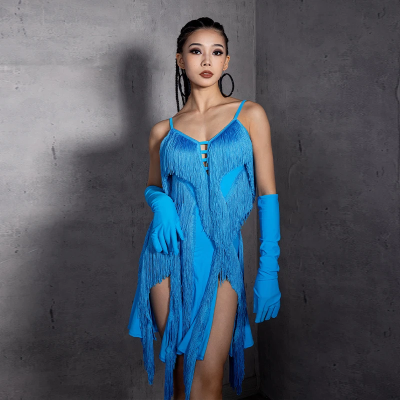 YES拉丁舞服女成人高级感练功服装新款套装比赛流苏连衣裙YD67