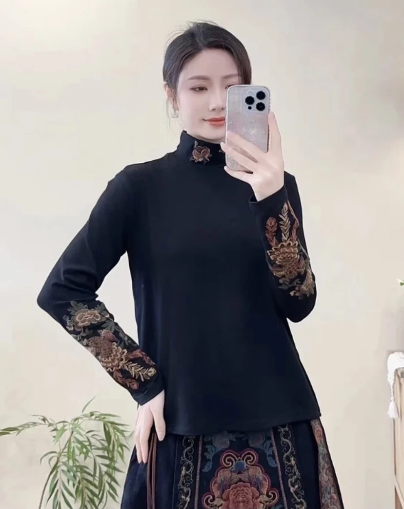 【七香】【凤凰于飞】2024秋冬新款民族风刺绣女士打底衫复古国风高领