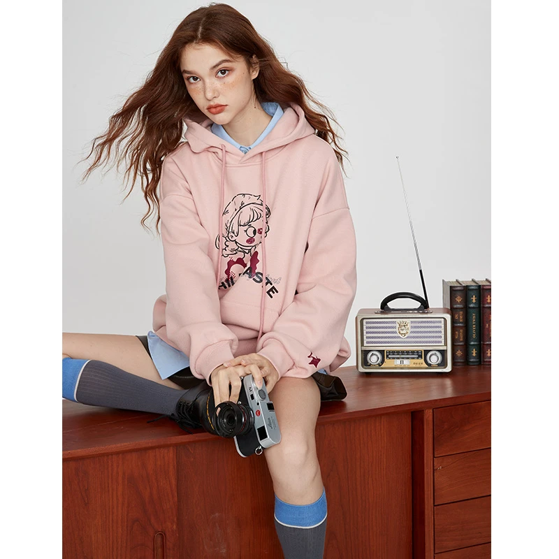 库恩玛维慵懒风oversize卫衣女2023年秋新款欧式印花休闲连帽外套