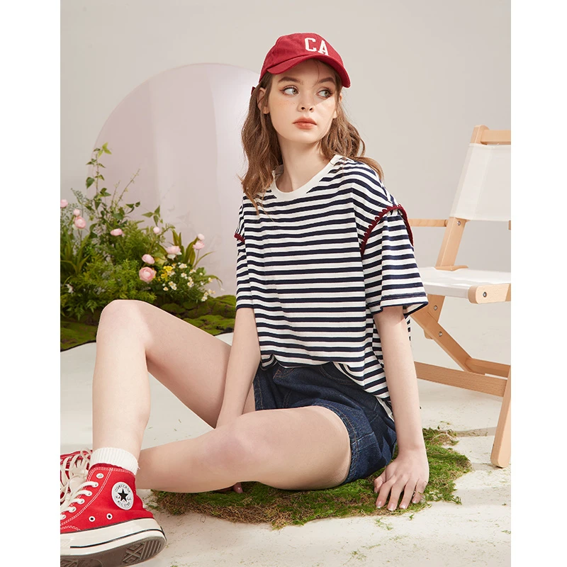 库恩玛维条纹短袖t恤女2023年新款春夏时尚简约圆领显瘦休闲体恤