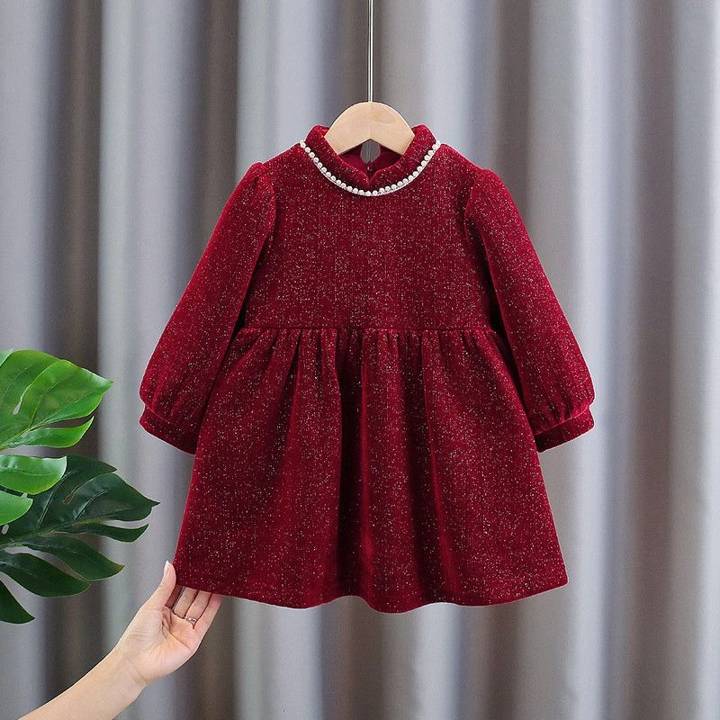 巴娜拉女童冬季连衣裙拜年服新款冬装加绒加厚过年裙子喜庆EA