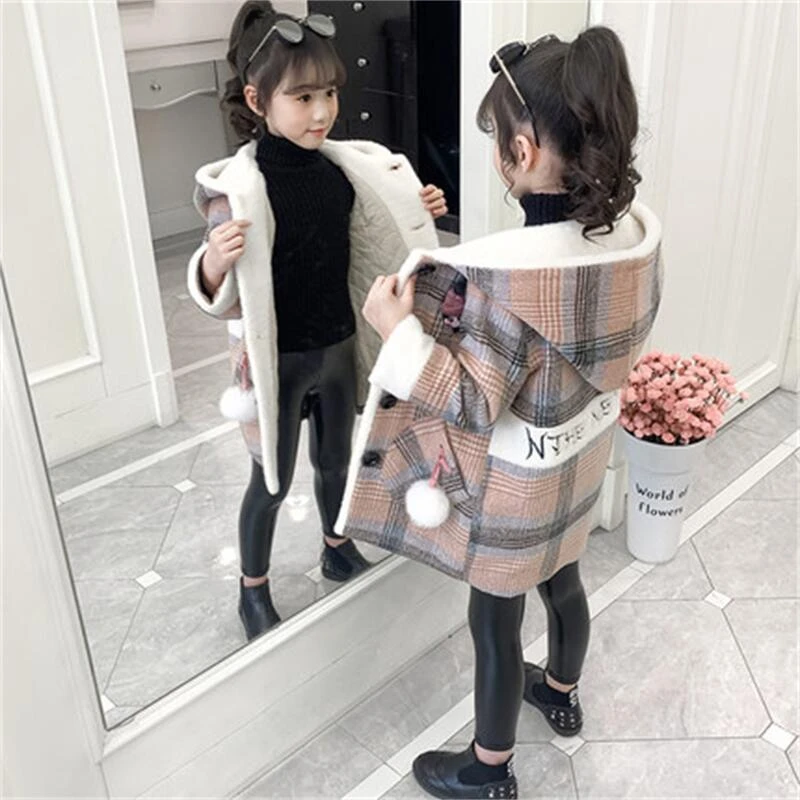 巴娜拉女童呢子外套秋冬新款中大童加绒洋气风衣儿童毛呢韩版上JW