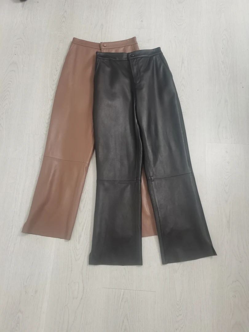 海宁真皮皮裤女士直筒绵羊皮长裤裤脚口开叉窄版直筒长裤秋冬百搭