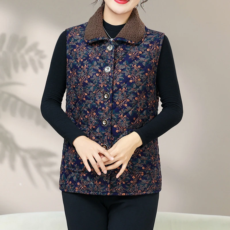 秋冬季妈妈装马甲翻领宽松加绒加厚保暖无袖棉袄中老年女装马夹