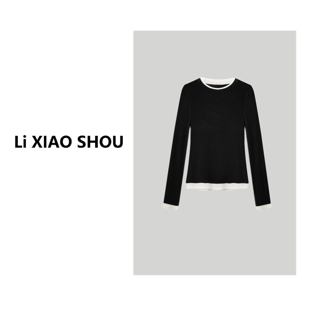 李小瘦大码女装【冰美式】新款拼接简约打底百搭柔软圆领上衣女083D