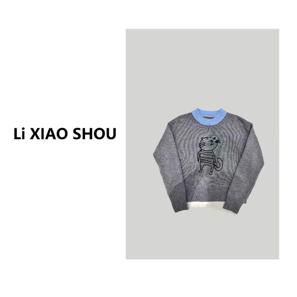 李小瘦大码女装【眼镜猫】精致休闲灰色简约圆领秋冬毛衣0116