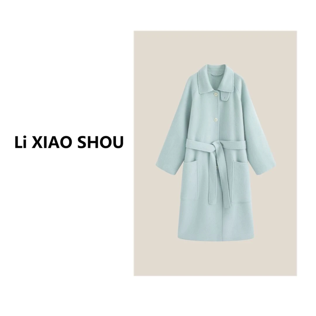 李小瘦大码女装【海冰透绿】冬气质宽松显瘦中长款双面呢外套女183D