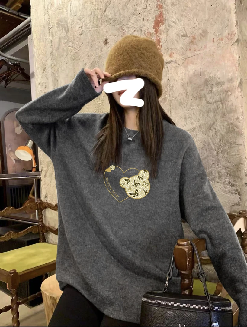 搭配鲨鱼裤印花磨毛长袖t恤女中长款遮屁股加厚打底衫上衣秋冬季