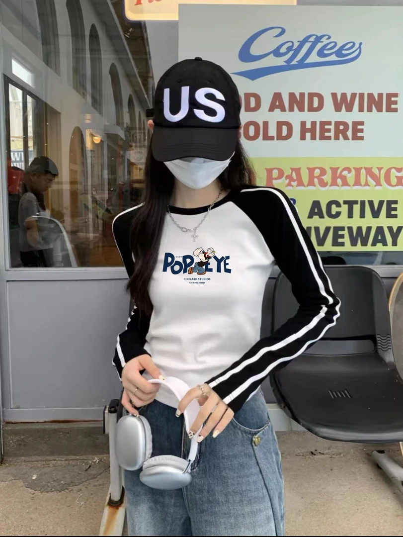 小个子修身撞色插肩长袖T恤女2024早秋复古辣妹风设计感显瘦上衣