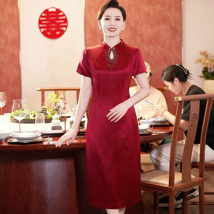喜婆婆妈妈酒红色婚礼旗袍高贵显瘦气质中式新娘紫色中国风中长款