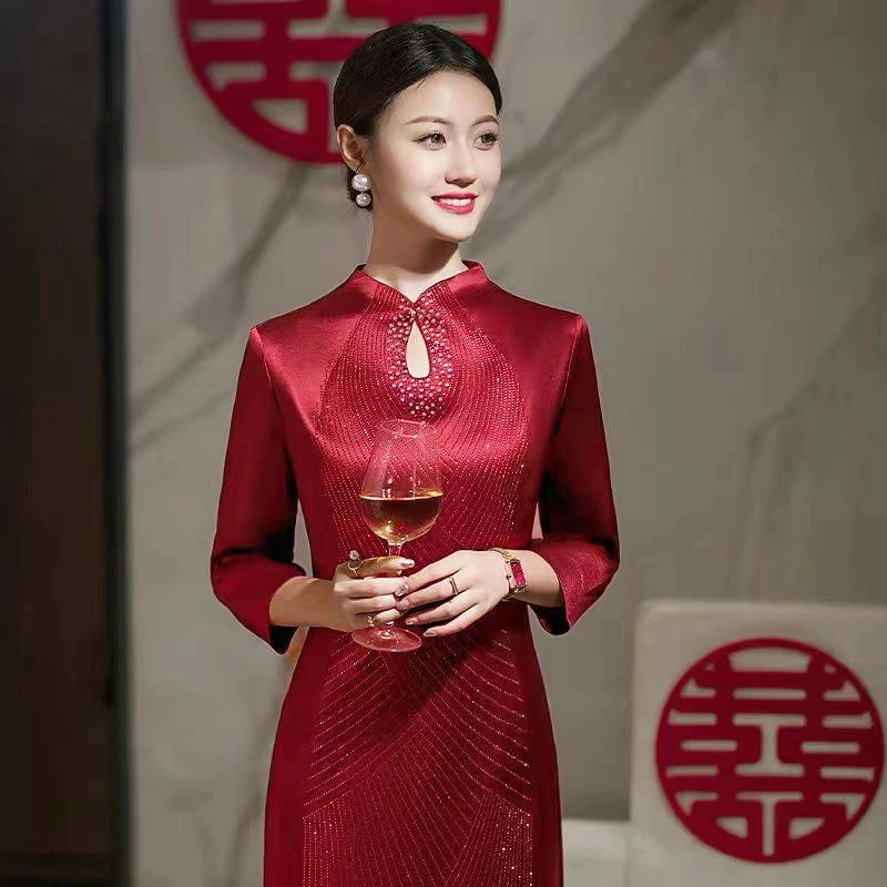 醋酸妈妈婚宴高档复古常熟新中式旗袍高贵宴会中式修身气质长款