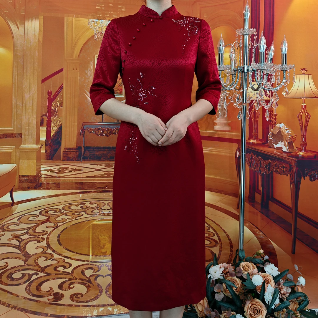 喜婆婆醋酸高档礼服旗袍平时可穿婚礼新娘显瘦薄款红色国风