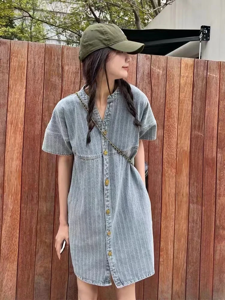 休闲条纹牛仔衬衫裙女夏季新款小个子梨形身材微胖遮肉