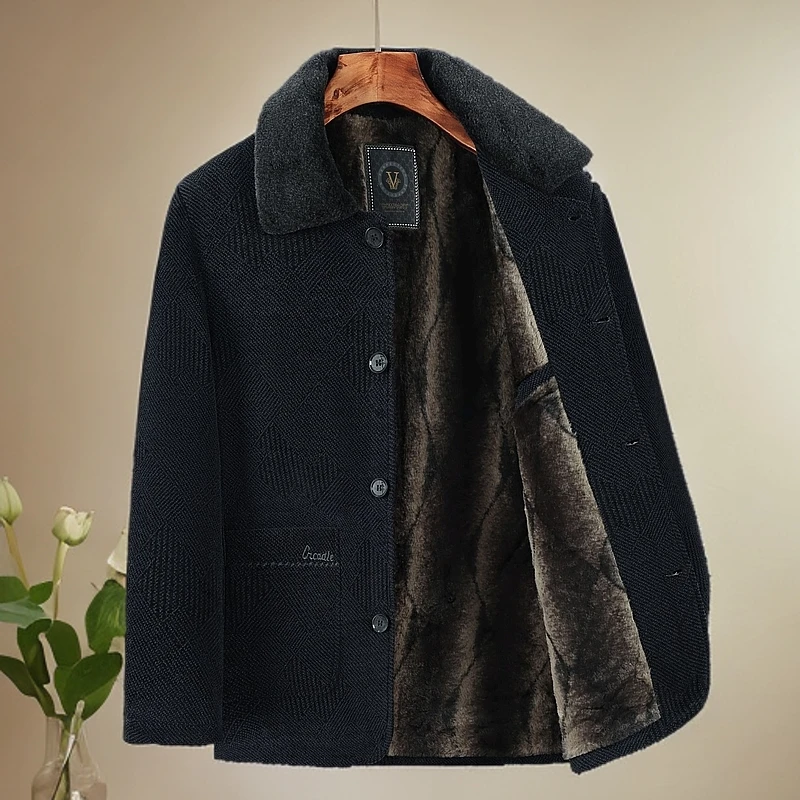 爸爸装加绒加厚纽扣翻毛领雪尼尔休闲商务中山装中老年保暖外套