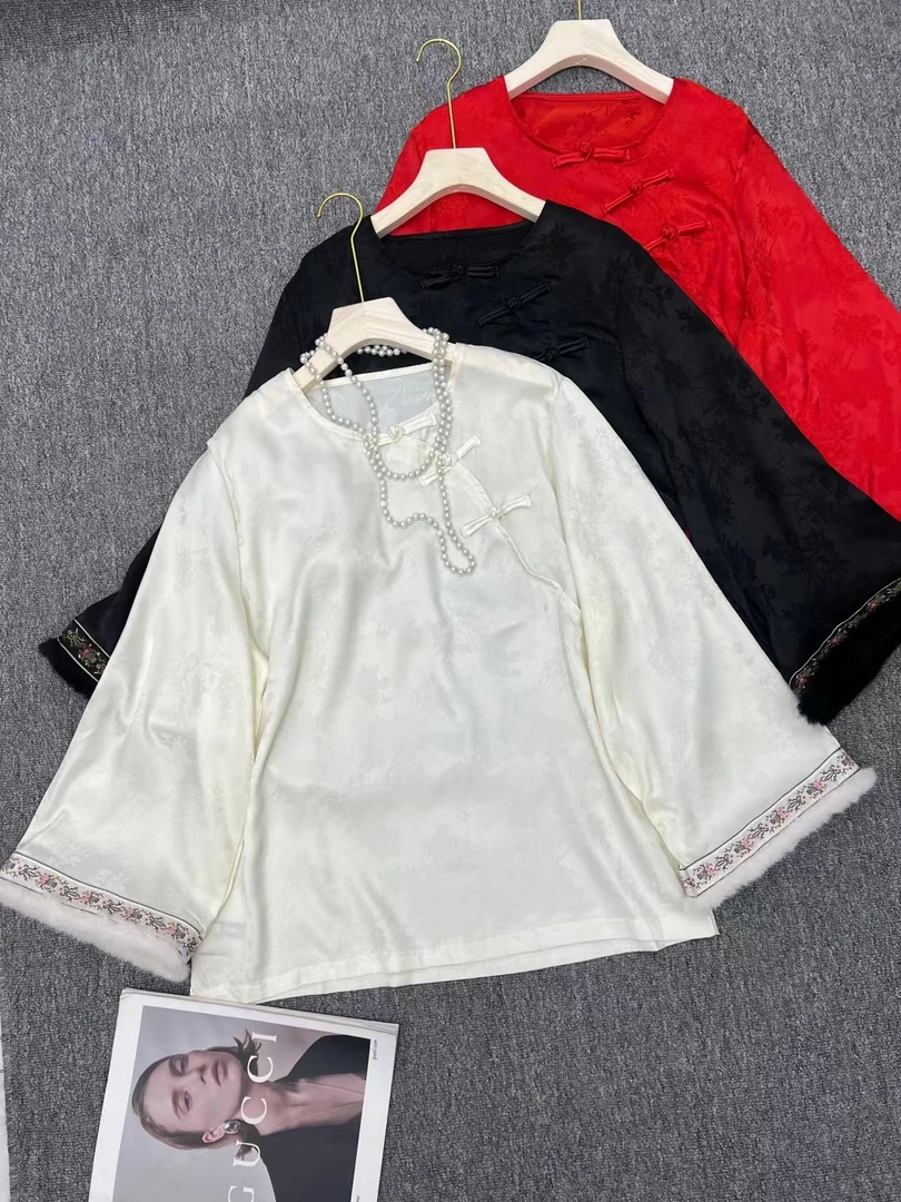 芃芃秋季新款大码女装新中式国风斜襟盘扣提花雪纺衫上衣