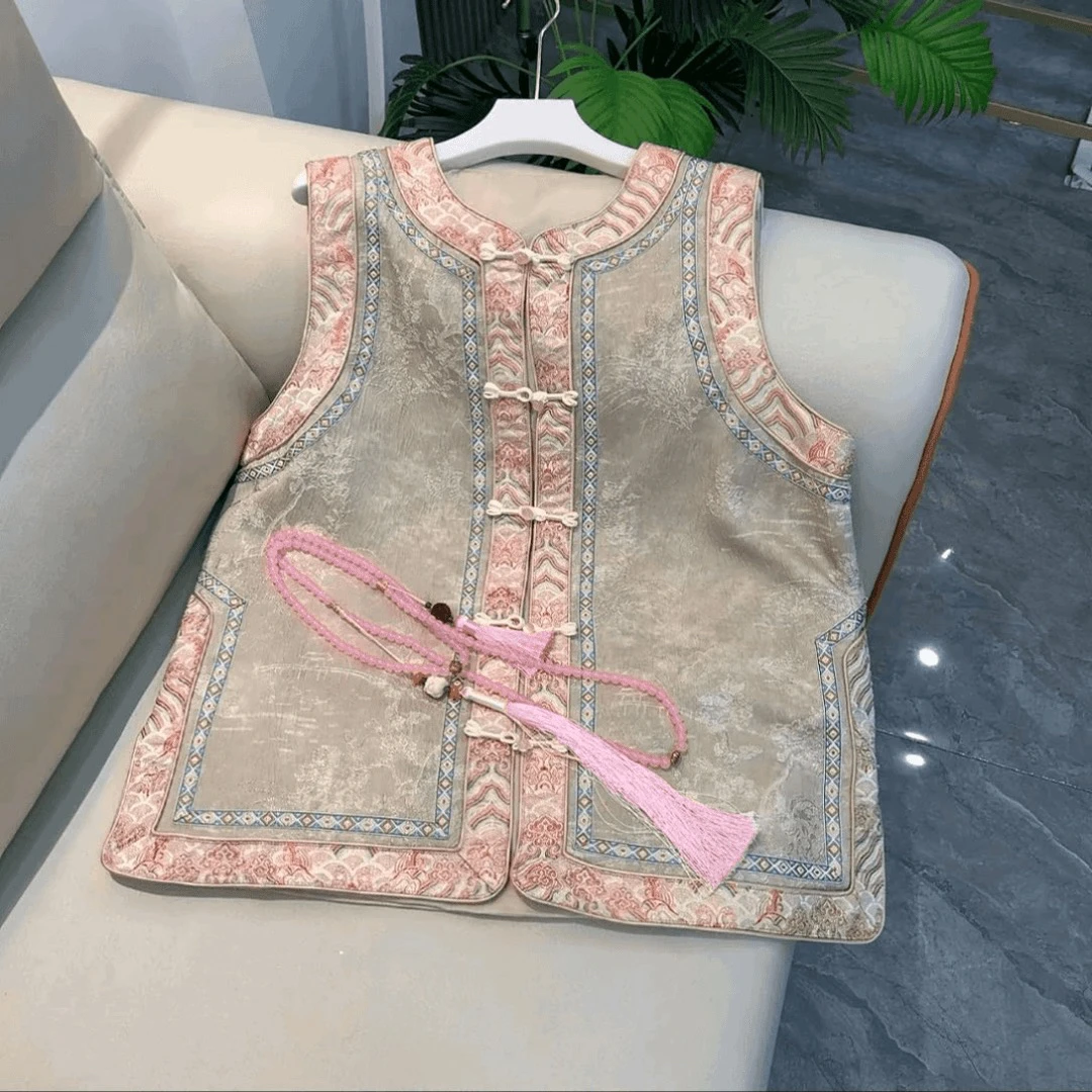 芃8332（单件）秋季新款大码女装新中式国风拼接盘扣马甲外套