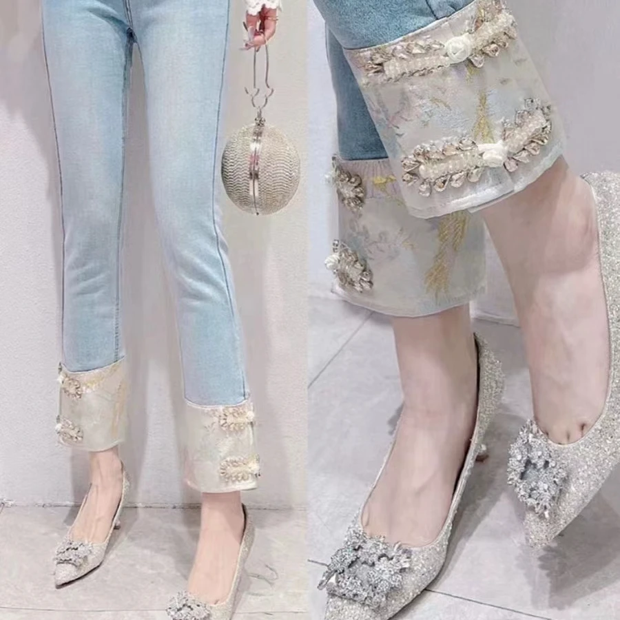 芃芃74906秋季新款大码女装新中式国风盘扣烫钻松紧腰牛仔烟管裤