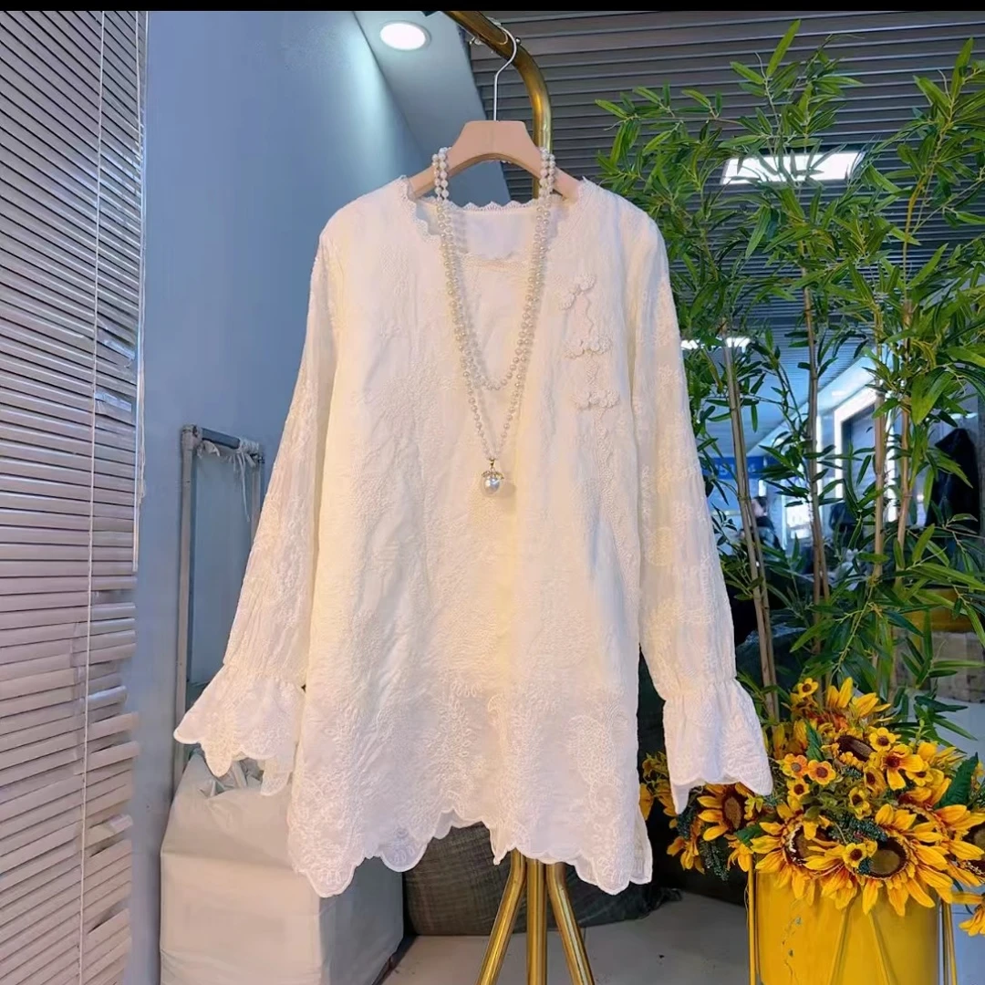 芃芃2431冬季新款大码女装新中式斜襟盘扣提花喇叭袖雪纺衫上衣
