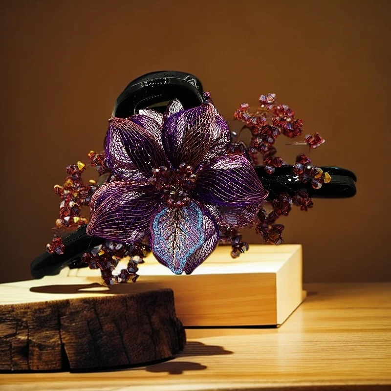 韩国高档手工铜丝编织花朵抓夹轻奢金属夹后脑勺优雅盘发大号鲨鱼