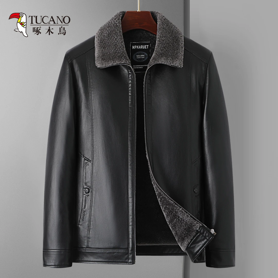 啄木鸟秋冬款男士夹克皮衣加绒加厚宽松中老年爸爸装保暖外套
