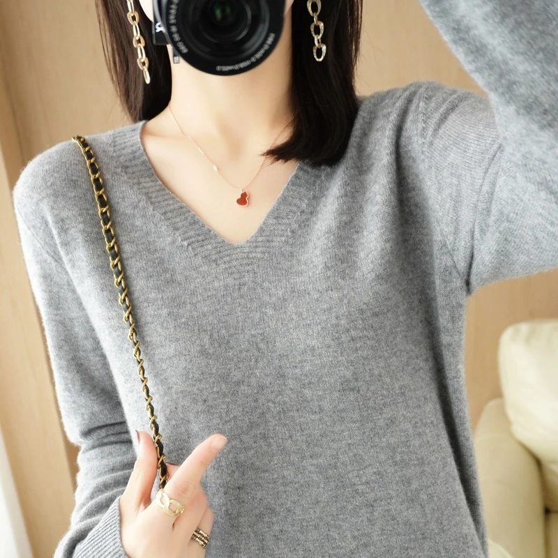 女士V领纯色打底衫套头长袖针织衫秋冬宽松显瘦时尚百搭上衣3797