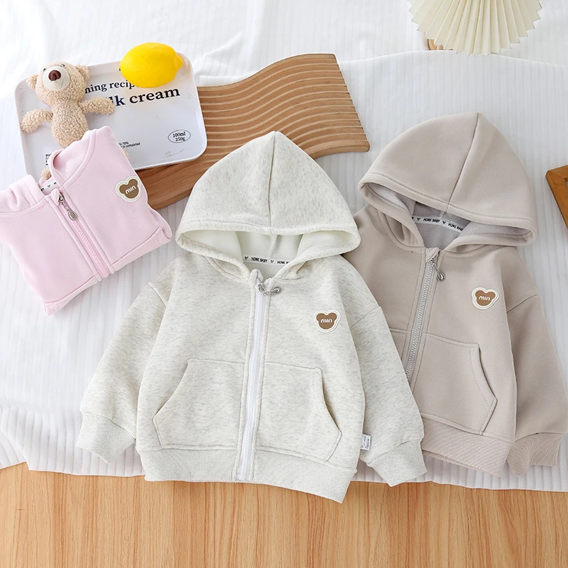 宝宝外套秋冬季加绒男女童连帽卫衣服洋气婴幼儿童摇粒绒开衫上衣
